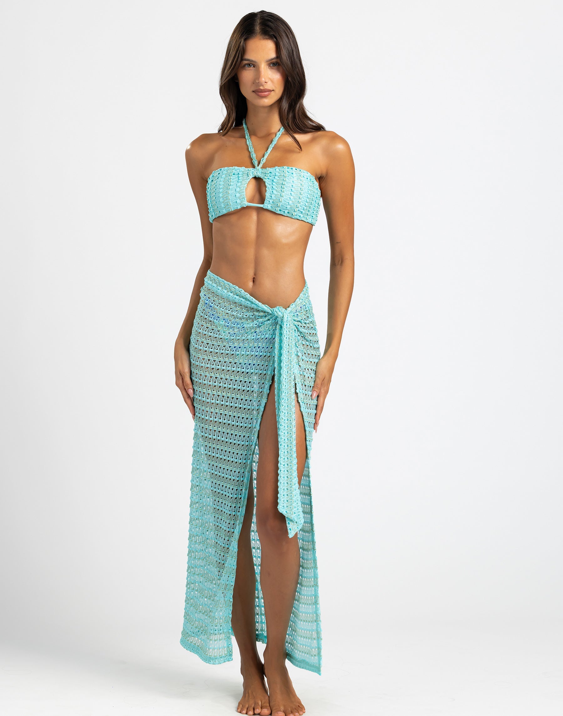 Camden Maxi Wrap Skirt Aqua With Gold Lurex Flowing Wrap Design For Elegant Eveningwear Beach Bunny Swimwear